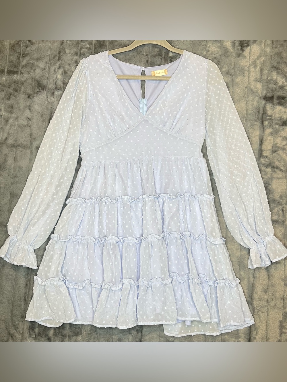Altar’d State Blue Swiss Dot Tiered Ruffle Dress Large Long Sleeve Keyhole Back
